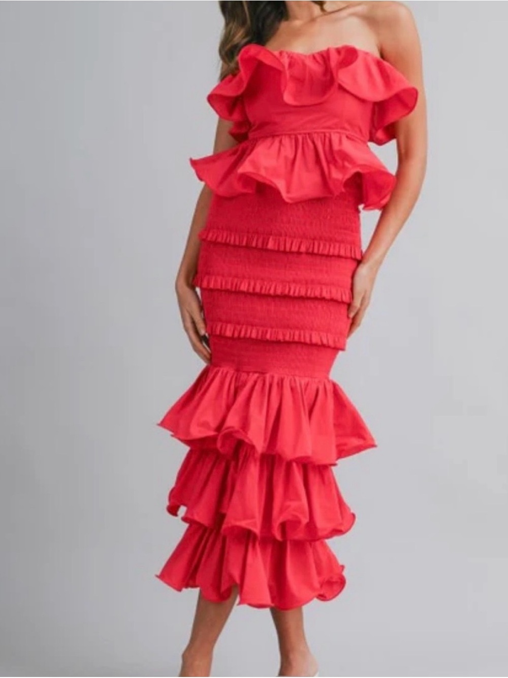 Red Strapless Ruffled Midi Dress